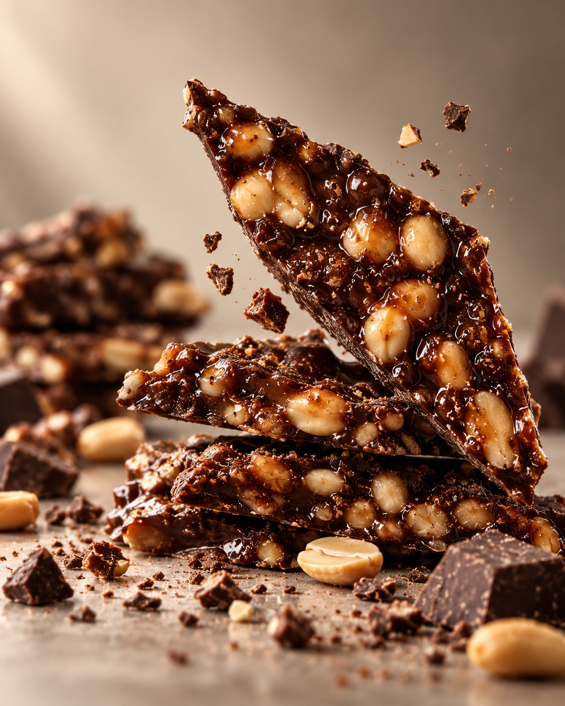 Glossy chocolate peanut chikki texture
